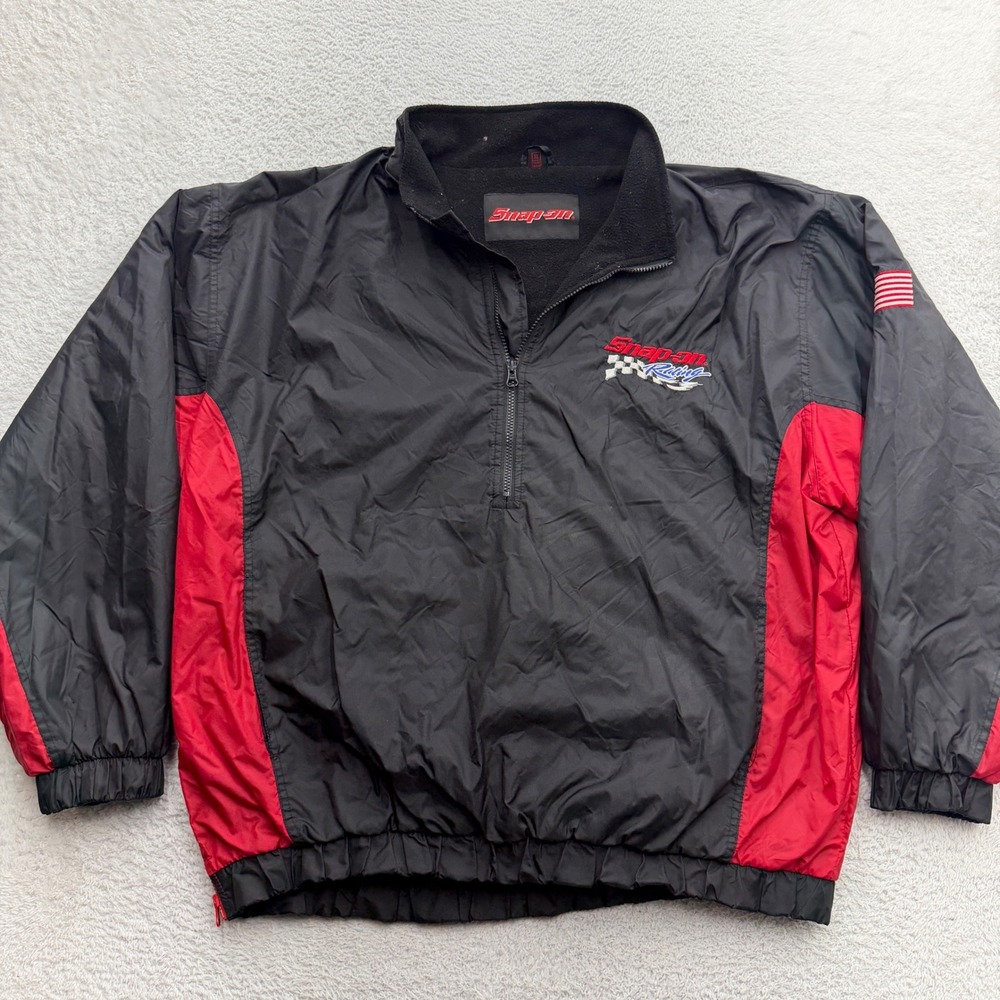 VTG Snap-on Racing Mens XL Quarter Zip Fleece Lined Windbreaker Jacket Black Red